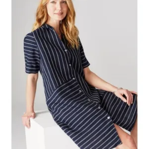 J. Jill Love Linen Mixed Striped Navy Blue Classic Button Up Classic Dress NEW M