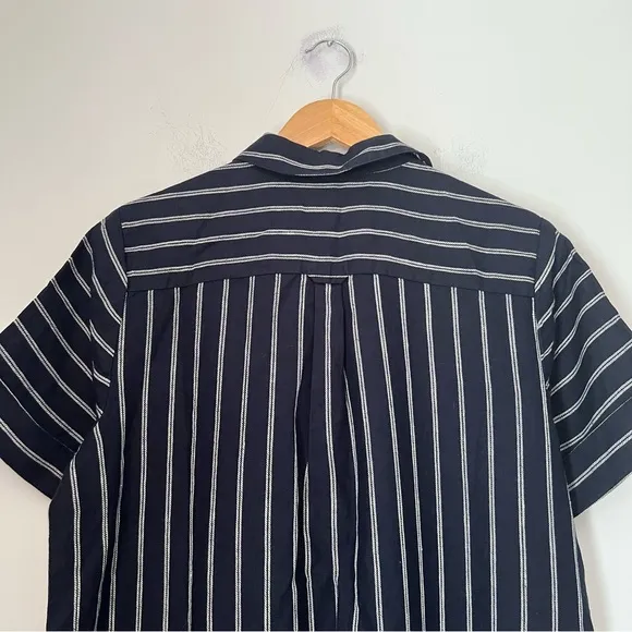 J. Jill Love Linen Mixed Striped Navy Blue Classic Button Up Classic Dress NEW M