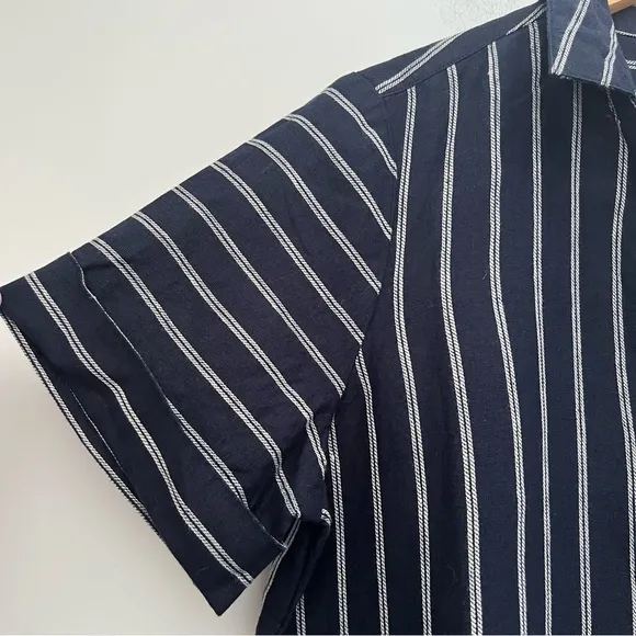 J. Jill Love Linen Mixed Striped Navy Blue Classic Button Up Classic Dress NEW M
