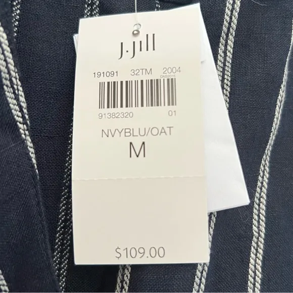J. Jill Love Linen Mixed Striped Navy Blue Classic Button Up Classic Dress NEW M