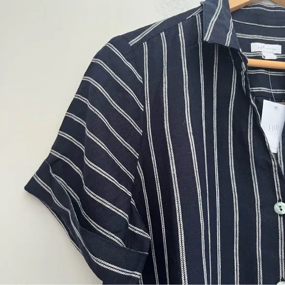 J. Jill Love Linen Mixed Striped Navy Blue Classic Button Up Classic Dress NEW M