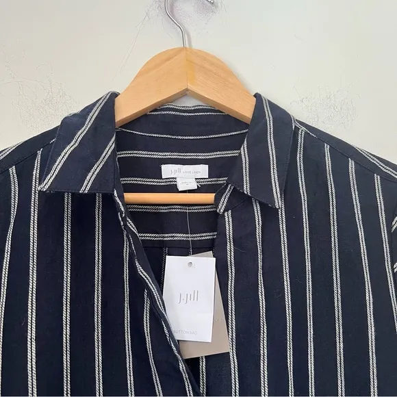 J. Jill Love Linen Mixed Striped Navy Blue Classic Button Up Classic Dress NEW M
