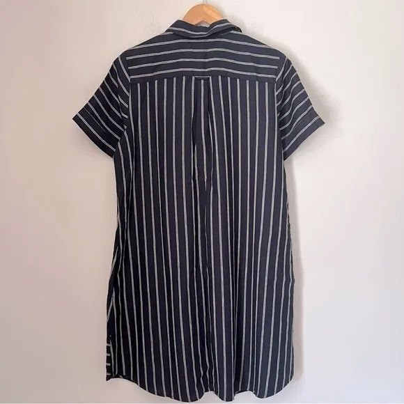 J. Jill Love Linen Mixed Striped Navy Blue Classic Button Up Classic Dress NEW M