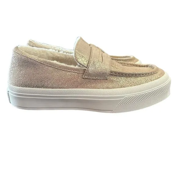 J Slides  Metallic Suede Platform Penny Loafers Shearling Lined Slip On NEW 8
