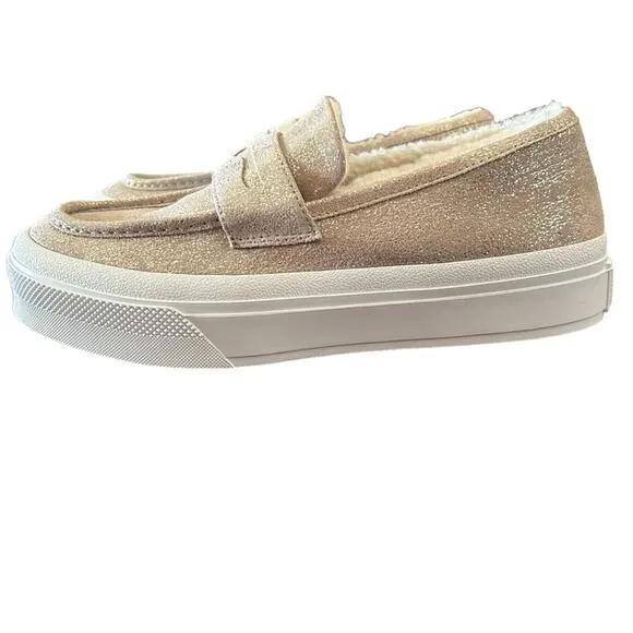 J Slides  Metallic Suede Platform Penny Loafers Shearling Lined Slip On NEW 8
