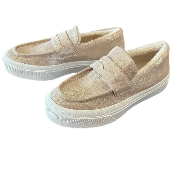 J Slides  Metallic Suede Platform Penny Loafers Shearling Lined Slip On NEW 8