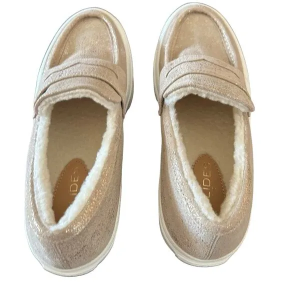 J Slides  Metallic Suede Platform Penny Loafers Shearling Lined Slip On NEW 8