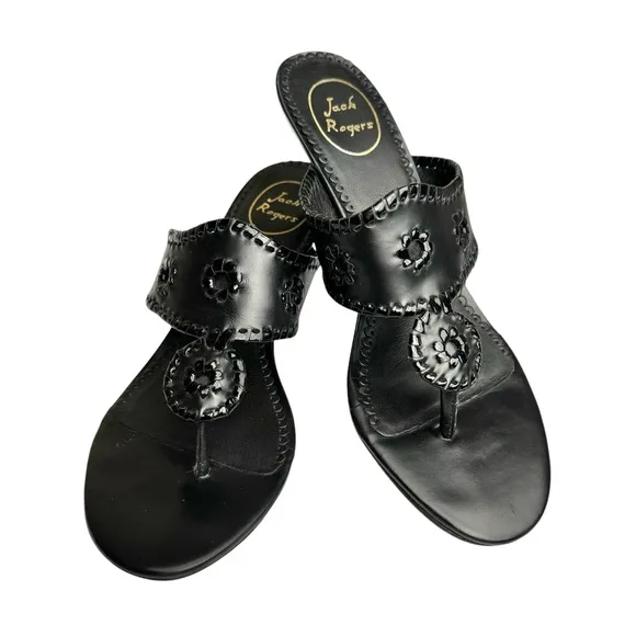 Jack Rogers Maggie Kitten Heel Black Patent Leather Thong Sandals Women’s