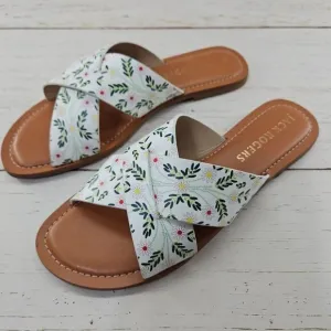 Jack Rogers‎ Slone X Band Leather Slide Sandals White Daisy Floral Size 8.5