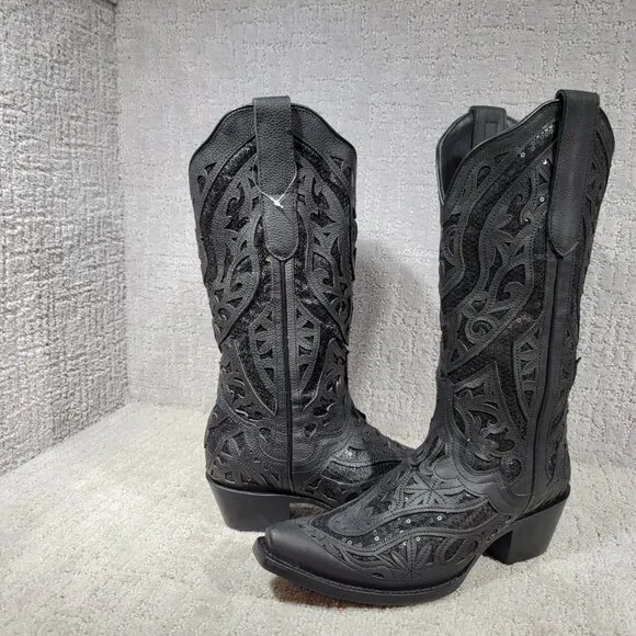 J.B. Dillon Poppy Womens US 8.5B Black Mid-Calf Sequin Leather Western Boots