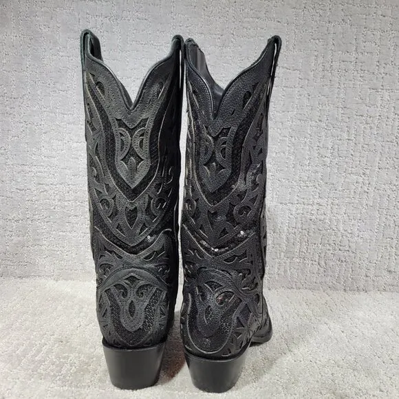 J.B. Dillon Poppy Womens US 8.5B Black Mid-Calf Sequin Leather Western Boots