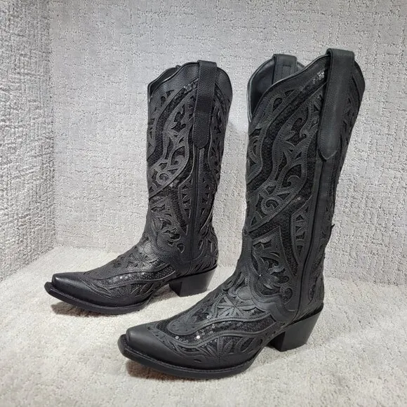 J.B. Dillon Poppy Womens US 8.5B Black Mid-Calf Sequin Leather Western Boots