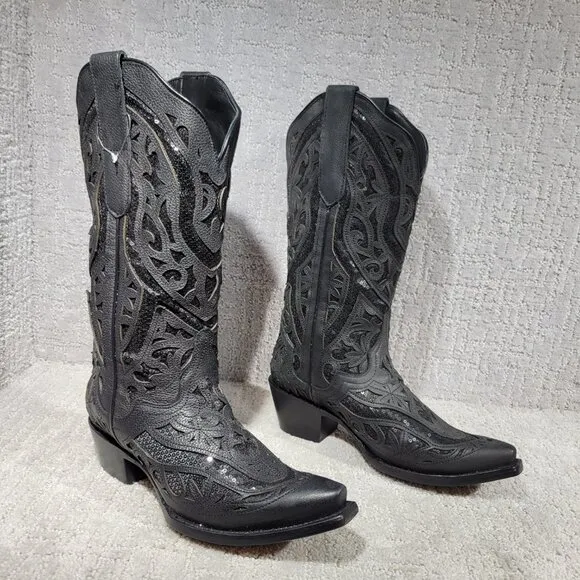 J.B. Dillon Poppy Womens US 8.5B Black Mid-Calf Sequin Leather Western Boots