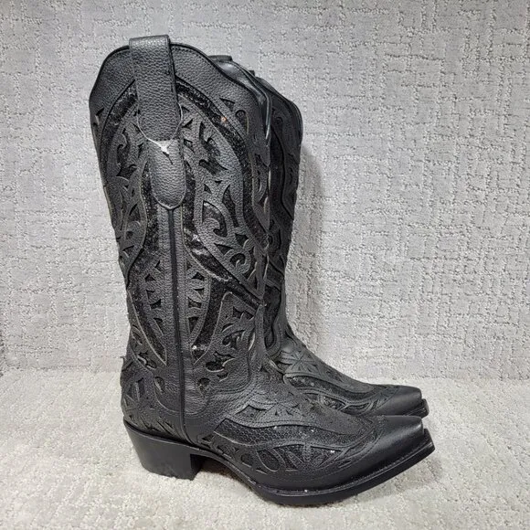 J.B. Dillon Poppy Womens US 8.5B Black Mid-Calf Sequin Leather Western Boots