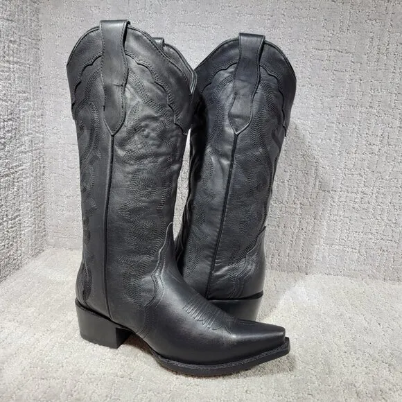 J.B. Dillon Poppy Womens US 8.5B Black Mid-Calf Sequin Leather Western Boots