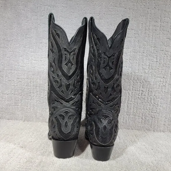 J.B. Dillon Poppy Womens US 8.5B Black Mid-Calf Sequin Leather Western Boots