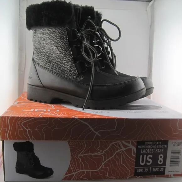 JBU Ladies' Size 8 Mid-Calf Winter Black &amp; Gray Southgate Herringbone Fur Boots