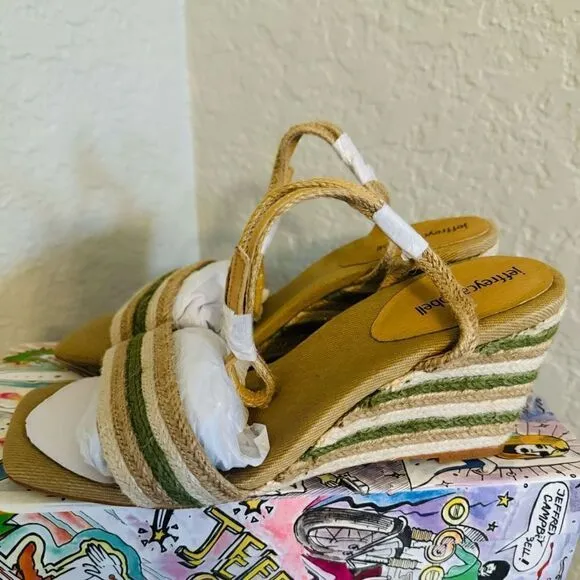 Jeffery Campbell Women's Sailboat Wedge Jute Sandals, Tan/Green, Size 9, NWT