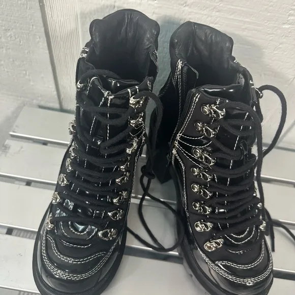 Jeffrey Campbell Black  Road Rage Lace-up Heeled Boots Womens Size 6.5 N…