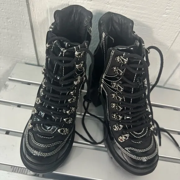 Jeffrey Campbell Black  Road Rage Lace-up Heeled Boots Womens Size 6.5 N…
