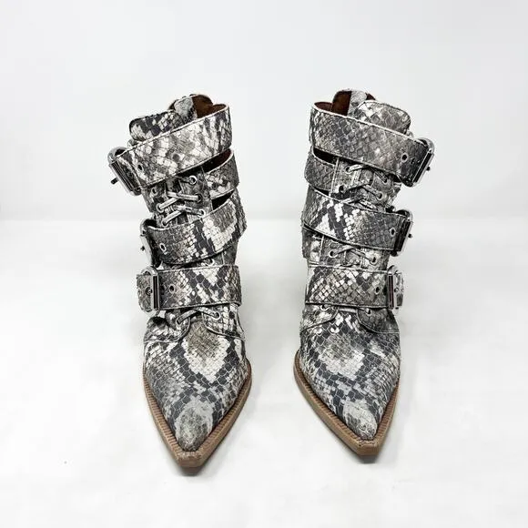 [Jeffrey Campbell] Caceres Brown Gray Snakeskin Buckle Strap Leather Boots Sz 8