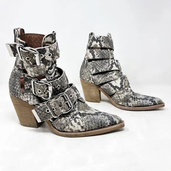 [Jeffrey Campbell] Caceres Brown Gray Snakeskin Buckle Strap Leather Boots Sz 8