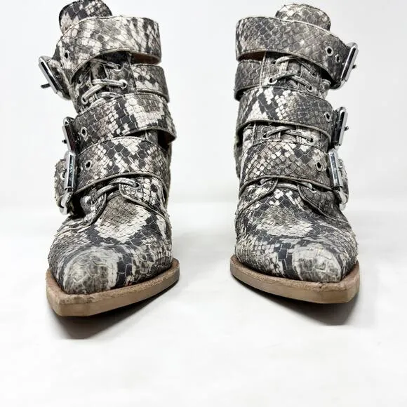 [Jeffrey Campbell] Caceres Brown Gray Snakeskin Buckle Strap Leather Boots Sz 8