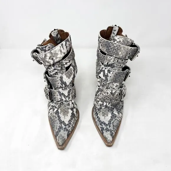 [Jeffrey Campbell] Caceres Brown Gray Snakeskin Buckle Strap Leather Boots Sz 8