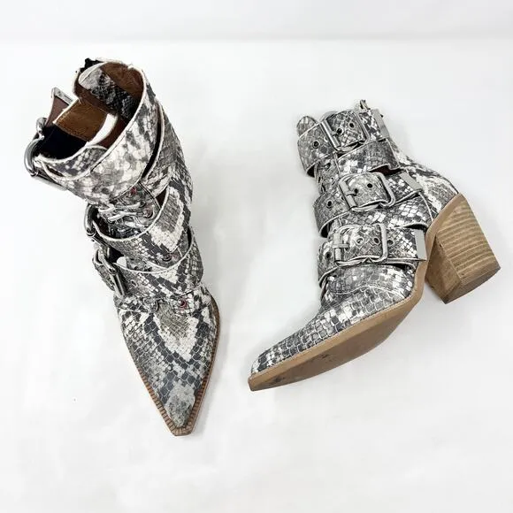 [Jeffrey Campbell] Caceres Brown Gray Snakeskin Buckle Strap Leather Boots Sz 8