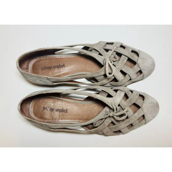 Jeffrey Campbell Canela Taupe Suede Strappy Low Stacked Heel Flats Women's 9.5