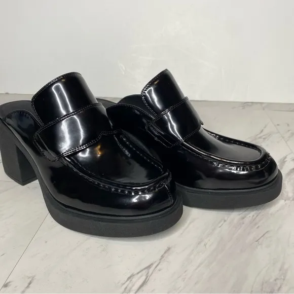 Jeffrey Campbell Kerri Black Patent Leather Heeled Loafer Mule 9 1/2