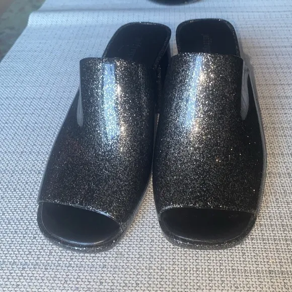 Jeffrey Campbell Petra Jelly Vinyl Black Glitter Open Toe Block Heel Sandals