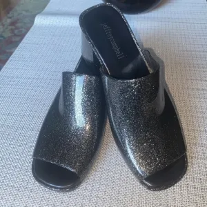 Jeffrey Campbell Petra Jelly Vinyl Black Glitter Open Toe Block Heel Sandals