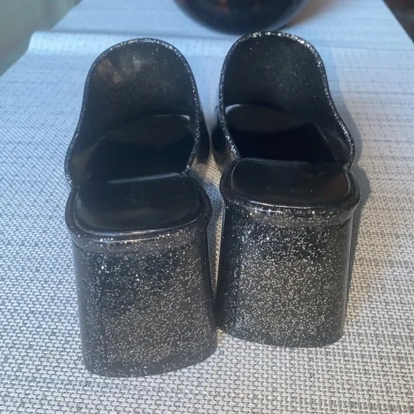 Jeffrey Campbell Petra Jelly Vinyl Black Glitter Open Toe Block Heel Sandals
