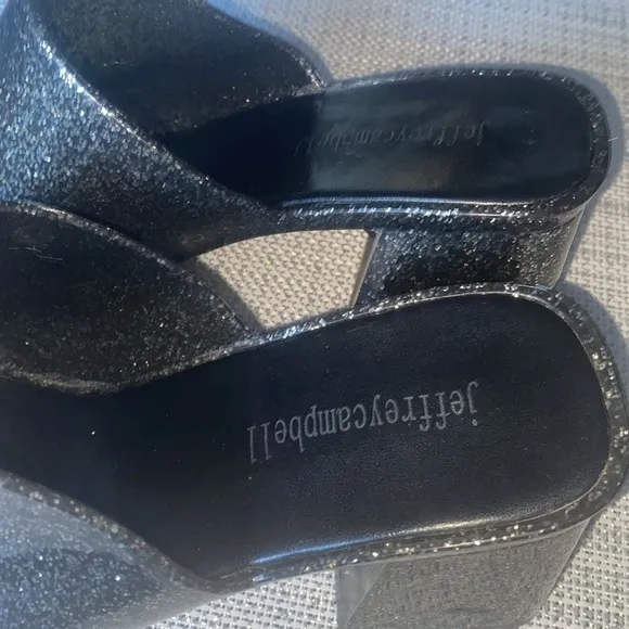Jeffrey Campbell Petra Jelly Vinyl Black Glitter Open Toe Block Heel Sandals