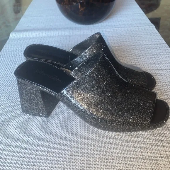 Jeffrey Campbell Petra Jelly Vinyl Black Glitter Open Toe Block Heel Sandals