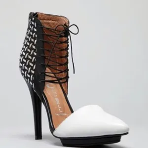 Jeffrey Campbell Roulette black white pointed toe lace up ankle open sides heels