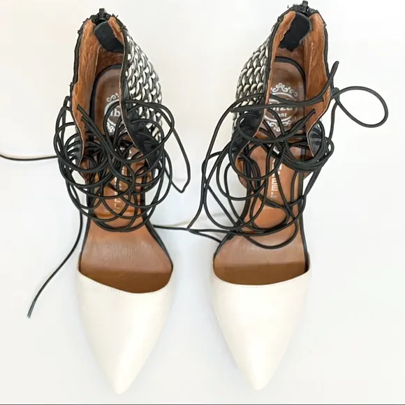 Jeffrey Campbell Roulette black white pointed toe lace up ankle open sides heels
