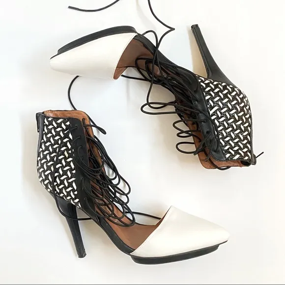 Jeffrey Campbell Roulette black white pointed toe lace up ankle open sides heels