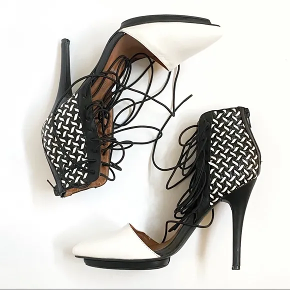 Jeffrey Campbell Roulette black white pointed toe lace up ankle open sides heels