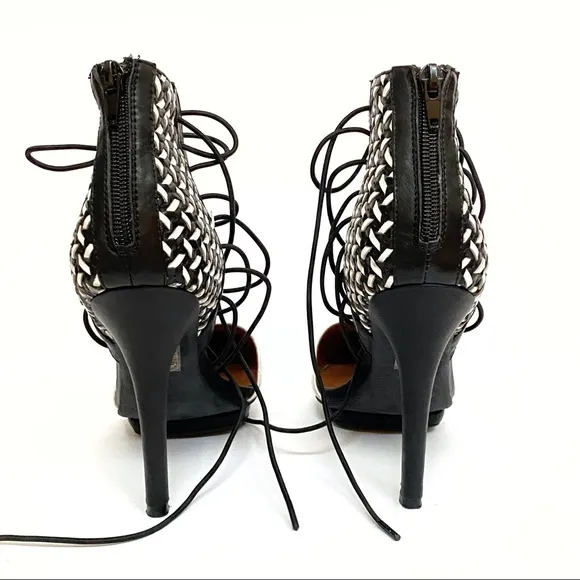 Jeffrey Campbell Roulette black white pointed toe lace up ankle open sides heels