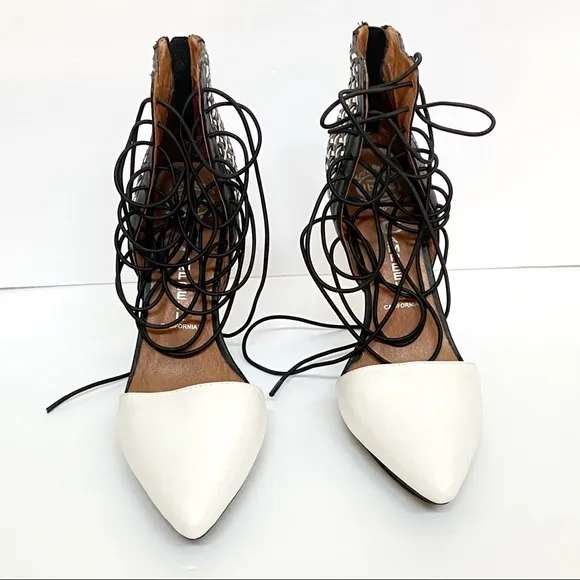 Jeffrey Campbell Roulette black white pointed toe lace up ankle open sides heels