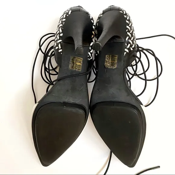 Jeffrey Campbell Roulette black white pointed toe lace up ankle open sides heels