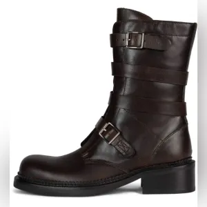 Jeffrey Campbell Shoreditch Brown Mid-Calf Leather Boots w/ Buckles, Brown 6