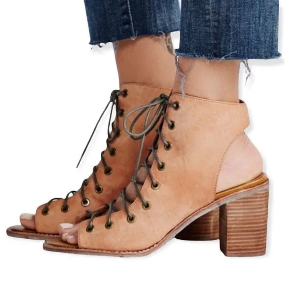 Jeffrey Campbell x Free People Minimal Taupe Lace Up Peep Toe Heeled Sandals