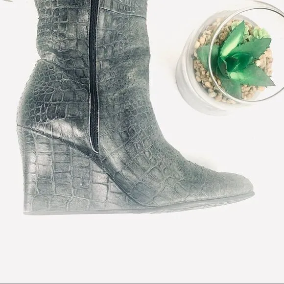 Jennifer Tattanelli Croc Embossed Gray Reptile Wedge Boot