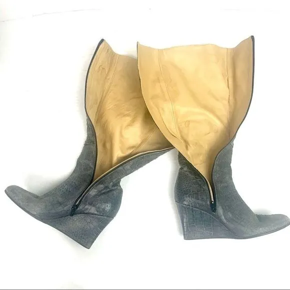 Jennifer Tattanelli Croc Embossed Gray Reptile Wedge Boot