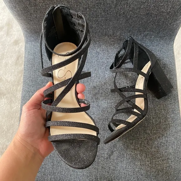 JESSICA SIMPSON Black Glitter Block Heel Dress Sandals