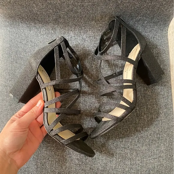 JESSICA SIMPSON Black Glitter Block Heel Dress Sandals