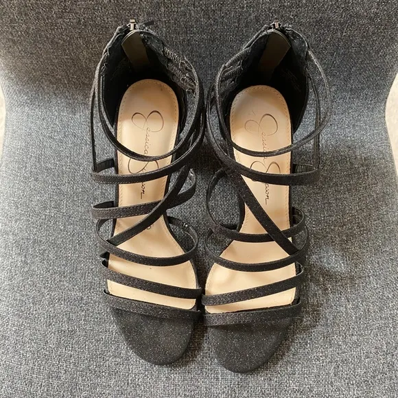 JESSICA SIMPSON Black Glitter Block Heel Dress Sandals